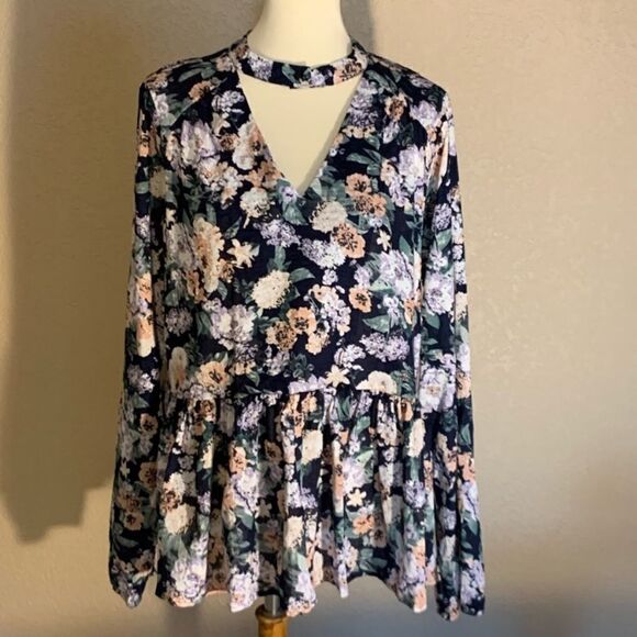 Navy Blue Floral Long Sleeve Top Key Hole Neck L - Picture 11 of 11